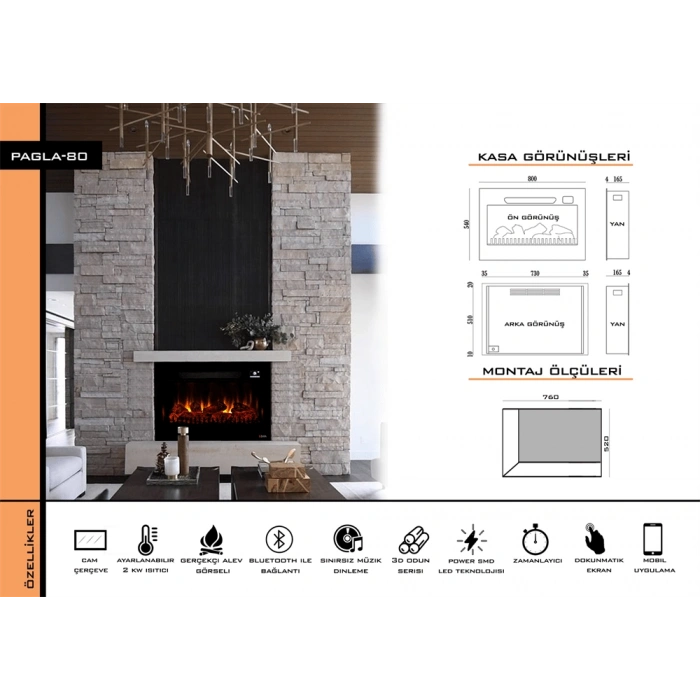 Zaya Pagla 80cm Renkli Isıtmalı Bluetooth lu Elektrikli Şömine
