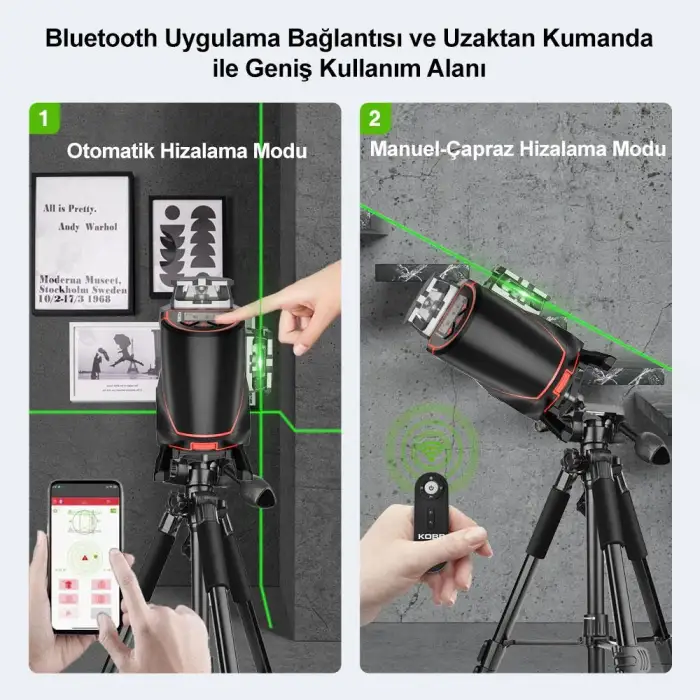 KOBB KBL36GTP Profesyonel Li-ion Şarjlı 4X360⁰ LCD Ekran Otomatik Hizalamalı Yeşil Çapraz Çizgi Lazer Distomat+Tripod