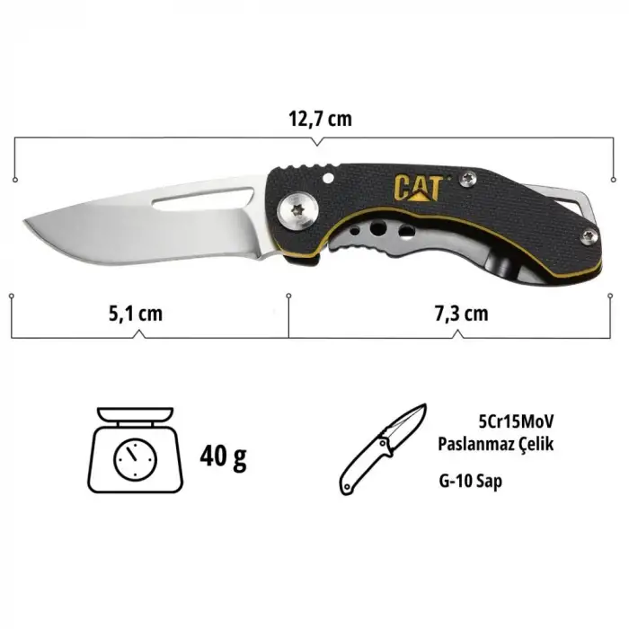 CAT DA980010 Kemer Askı Kancalı Katlanabilir 12CM Paslanmaz Çelik Kamp Çakısı