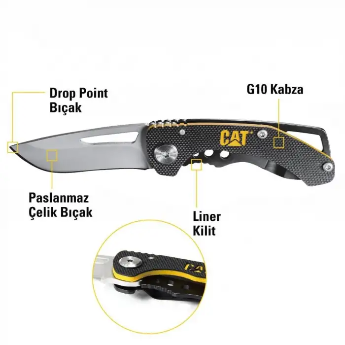 CAT DA980010 Kemer Askı Kancalı Katlanabilir 12CM Paslanmaz Çelik Kamp Çakısı