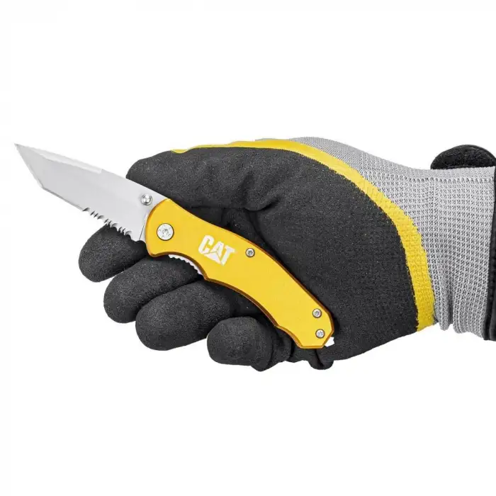 CAT DA980011 Kemer Askı Kancalı Cam Kırma Uçlu Katlanabilir 17CM Paslanmaz Çelik Sarı Kamp Çakısı