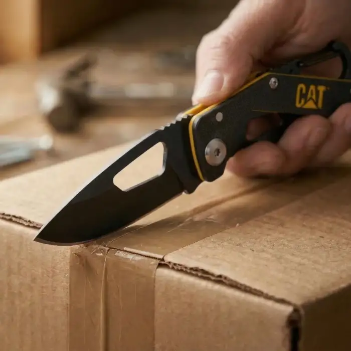 CAT DA980266 Kemer Askı Kancalı Karabinalı Katlanabilir 13CM Paslanmaz Çelik Siyah Kamp Çakısı