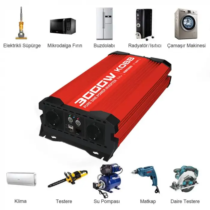 KOBB KBN3000 12V/220V 3000Watt Tam Sinüs Dönüştürücü İnvertör