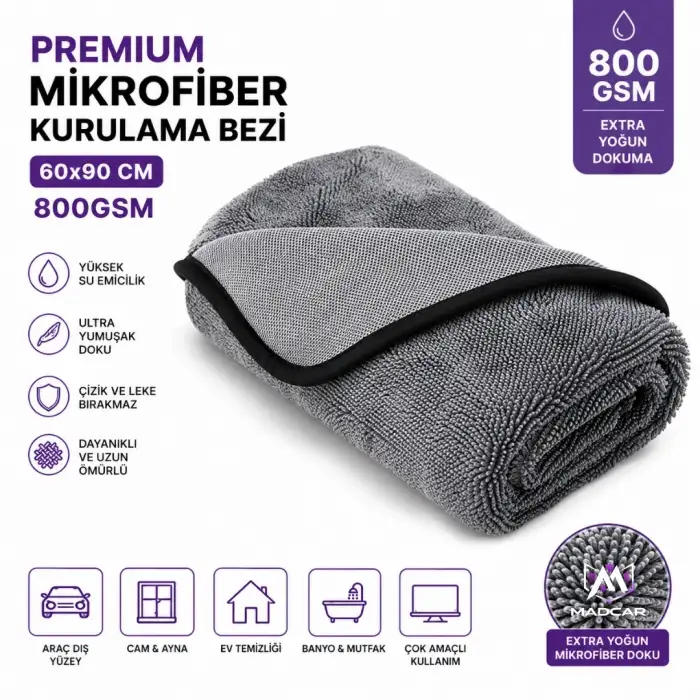 MADCAR Twisted 60x90 Premium Mikrofiber Kurulama Bezi – Gri