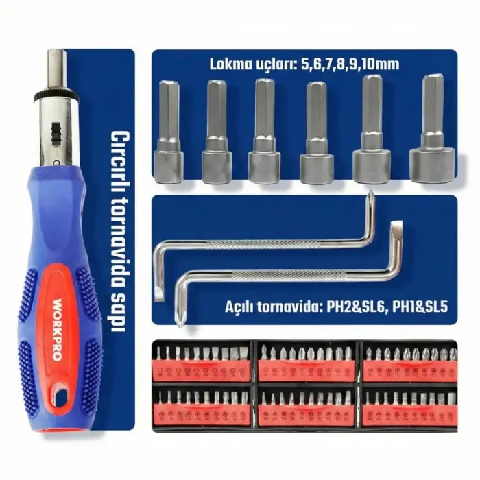 WORKPRO WP200560 100 Parça Duvar Askı Aparatlı Profesyonel CR-V Manyetik Tornavida ve Bits Uç Seti