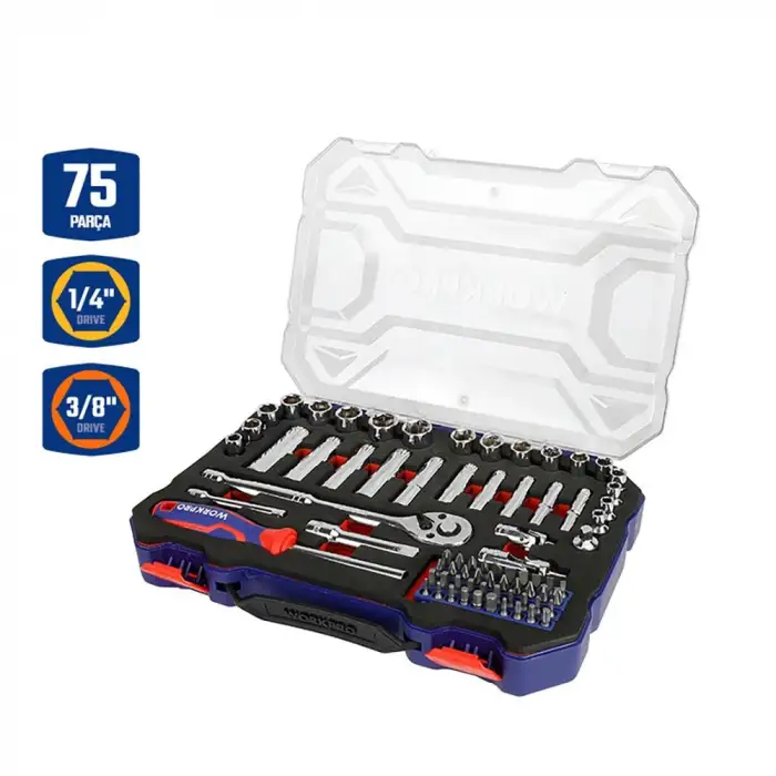 WORKPRO WP202524 1/4’ 3/8’’ Metrik 75 Parça Cr-V Profesyonel Lokma Takımı