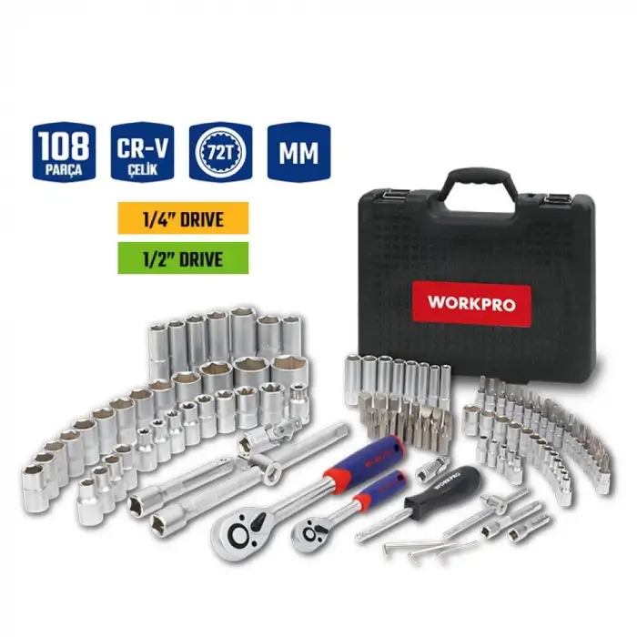 WORKPRO WP202535 1/4’ 1/2’ 108 Parça Cr-V Metrik Profesyonel Lokma Takımı