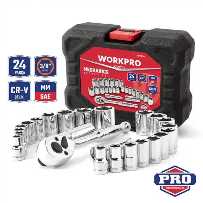WORKPRO WP202541 3/8’ CR-V 24 Parça Metrik/İnç Ağır Hizmet Lokma Takımı