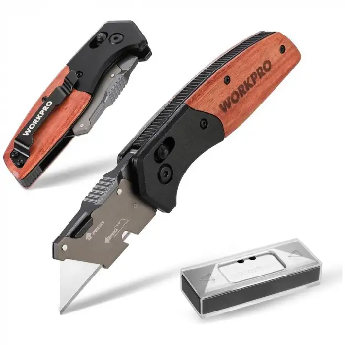 WORKPRO WP211035 Ağır Hizmet Çelik/Ahşap Gövde Katlanır Rötuş Maket Bıçağı + 11 Adet Yedek Bıçak