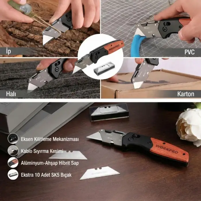 WORKPRO WP211035 Ağır Hizmet Çelik/Ahşap Gövde Katlanır Rötuş Maket Bıçağı + 11 Adet Yedek Bıçak