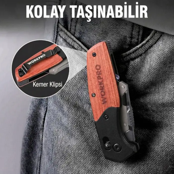 WORKPRO WP211035 Ağır Hizmet Çelik/Ahşap Gövde Katlanır Rötuş Maket Bıçağı + 11 Adet Yedek Bıçak