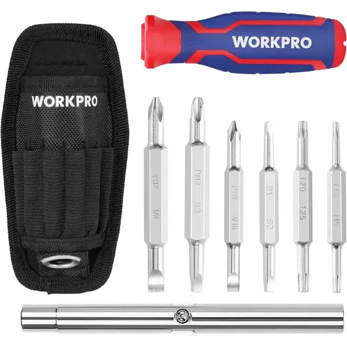 WORKPRO WP221306 15-IN-1 Çok Fonksiyonlu Değişken Uçlu Profesyonel Tornavida Seti + Bel Askı Kılıfı