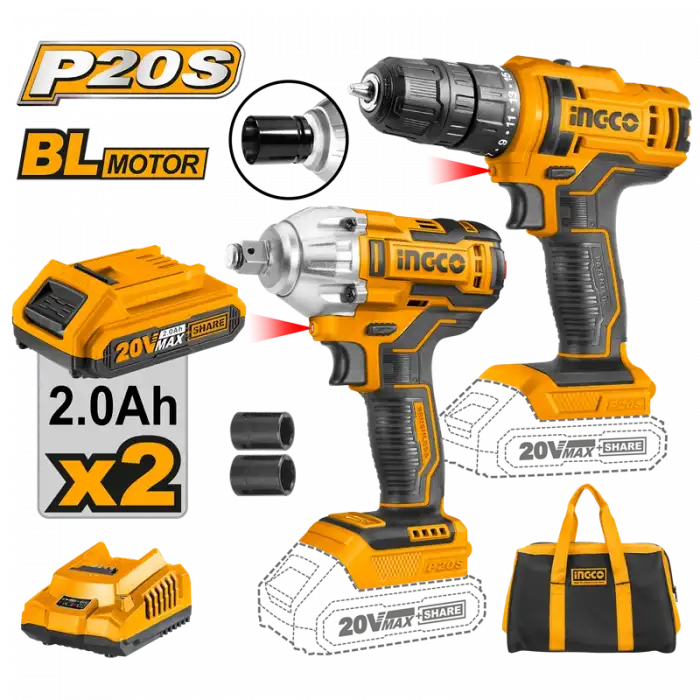 Li-ion Akülü 2 li Kombo Set - Matkap ve Somun sıkma  20V 2.0 Ah