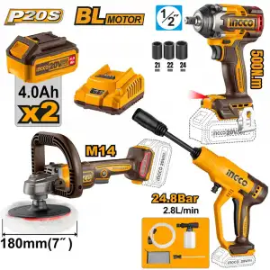 Li-ion Kömürsüz Akülü 3 li Kombo Set - Polisaj, Somun sıkma ve Araç Yıkama  20V 4.0 Ah