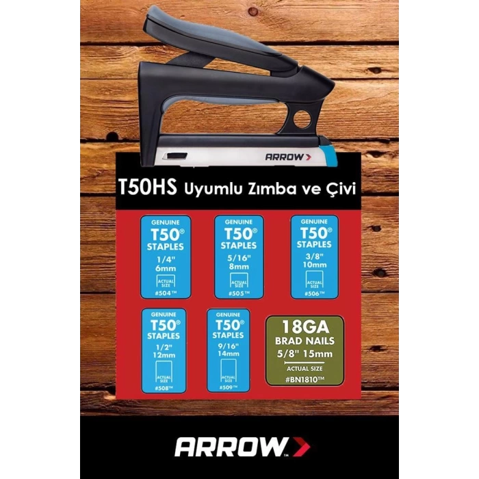 Arrow T50HS 6-14mm Zımba /15mm Çivi Profesyonel Mekanik Zımba ve Çivi Tabancası + 1250 Adet Zımba