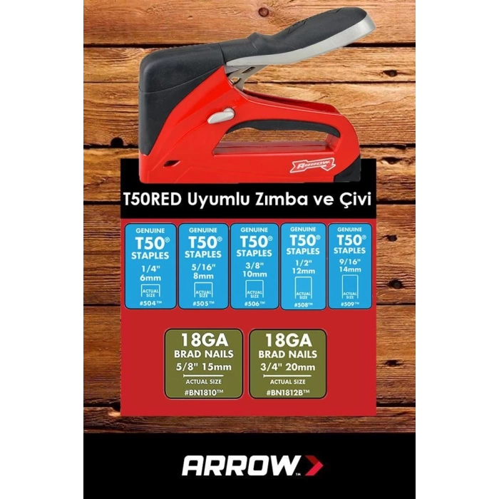 Arrow T50RED 6-14mm Zımba/15-25mm Çivi Profesyonel Mekanik Zımba ve Çivi Tabancası + 1250 Adet Zımba