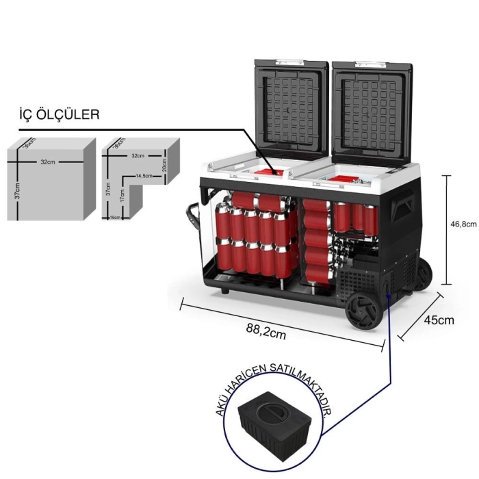 ICECO K75D 12/24Volt 75Lt Akülü/Kablolu/ Çift Bölmeli Kompresörlü Outdoor Oto Buzdolabı/Dondurucu (Akü Dahil Değildir)