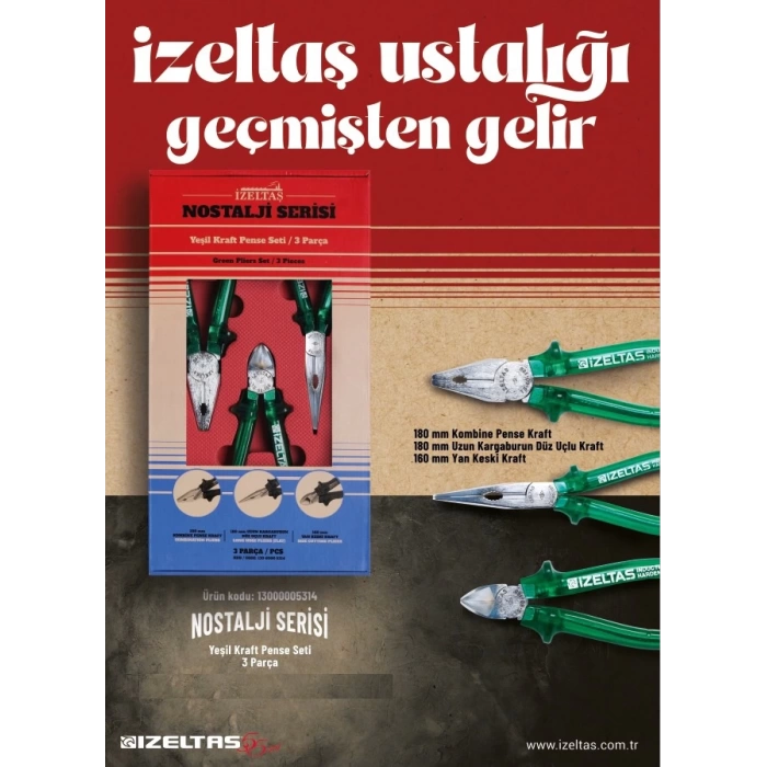 İzeltaş 13000005134 Nostalji Serisi Kraft Pense Seti 3 Parça