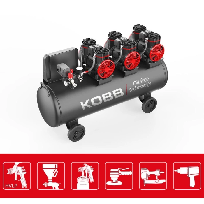 KOBB KBK100S 6.0HP 100Lt 8Bar Üç Motorlu Yağsız Sessiz Taşınabilir Hava Kompresörü