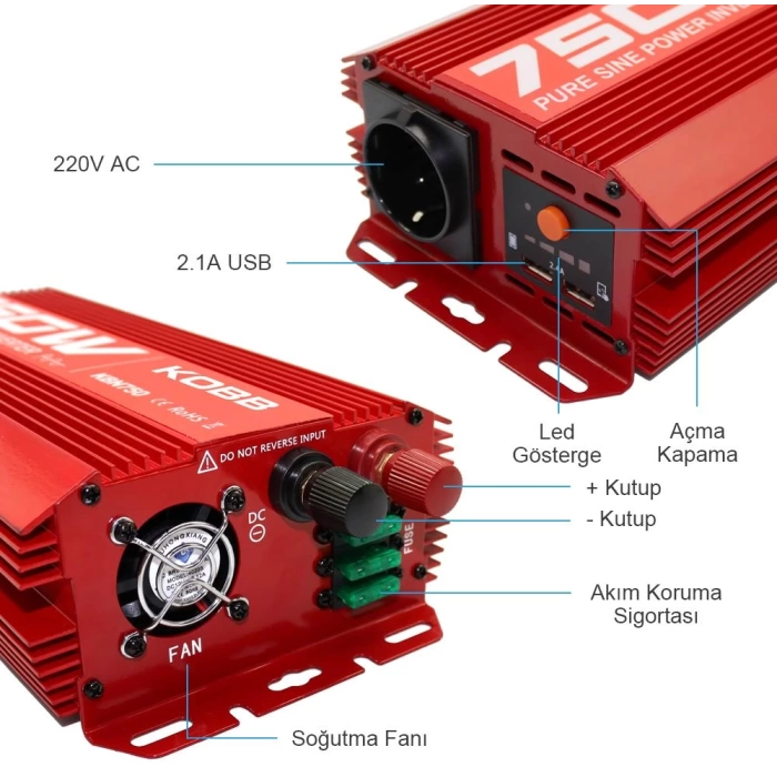 KOBB KBN750 12V/220V 750Watt Tam Sinüs Dönüştürücü İnvertör