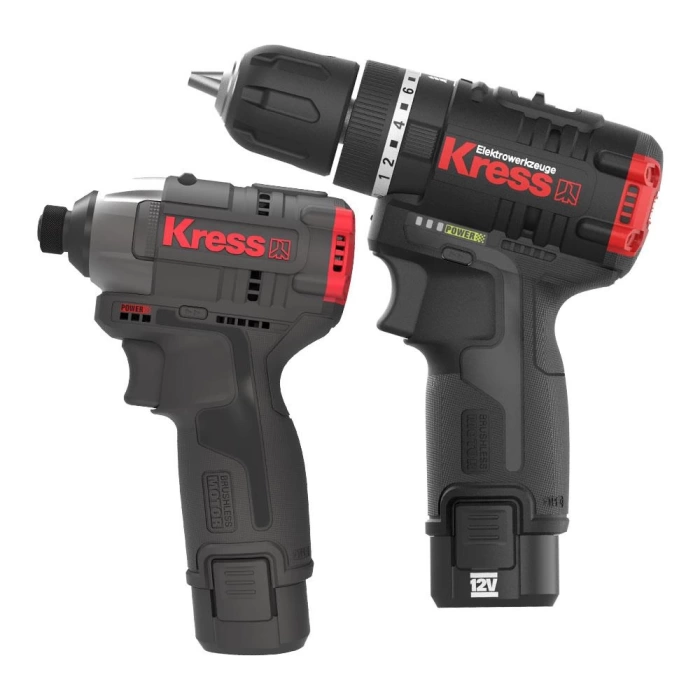 Kress KUG02 12Volt/2.0Ah. Li-ion Çift Akülü Kömürsüz Profesyonel Darbeli Matkap+Darbeli Tornavida Kombo Set