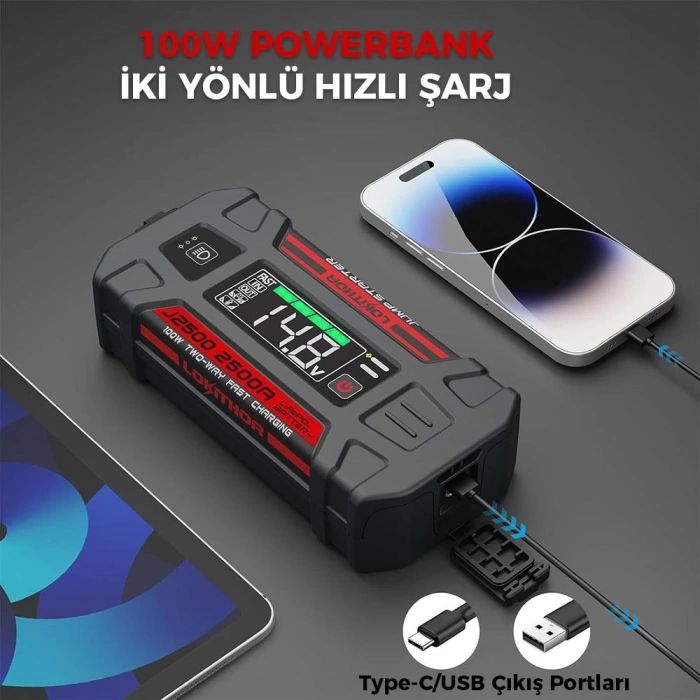 Lokithor J2500 12V 2500Amp LiFePO4 Akıllı Akü Takviye + Powerbank + Led Lamba