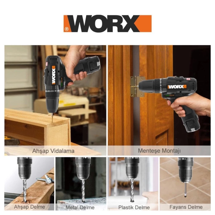 WORX WX121 12Volt/2.0Ah Li-ion Çift Akülü Kömürsüz Profesyonel Şarjlı Darbeli Matkap + 5 Parça Aksesuar