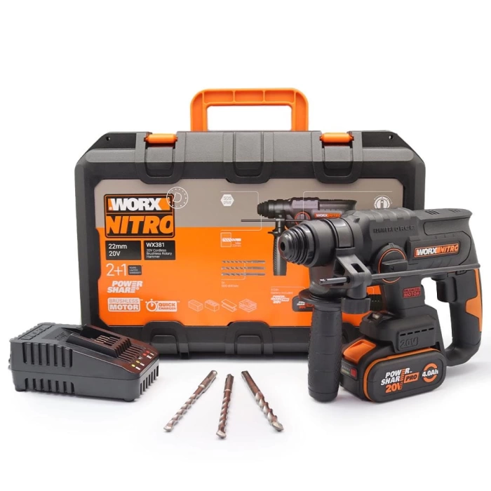 WORX WX381 20Volt 4.0Ah. 2J Li-ion Tek Akülü Profesyonel SDS-Plus Pnömatik Kırıcı/Delici + 3 Parça Delme Ucu