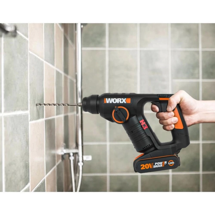 WORX WX394.3 20Volt 2.0Ah. Li-ion 1.5J Profesyonel SDS-Plus Pnömatik Şarjlı Matkap + 9 Adet Uç + Mandren