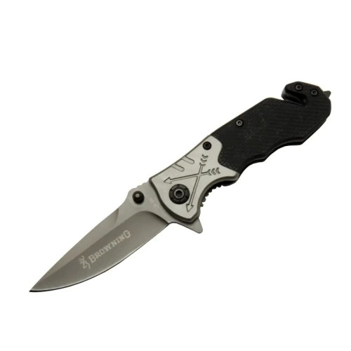 8-10 Siyah Kurtarma / Kamp Çakı 16,5cm - Yarı Otomatik, Kemerlikli, Cam Kırma Ve İp Kesme Aparatlı, Ok Figürlü Sap