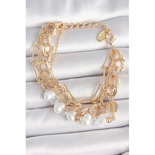 Pirinç Gold Renk Çoklu Zincir Model İncilli Zirkon Taş Detay Kadın Bileklik - TJ-BB6960