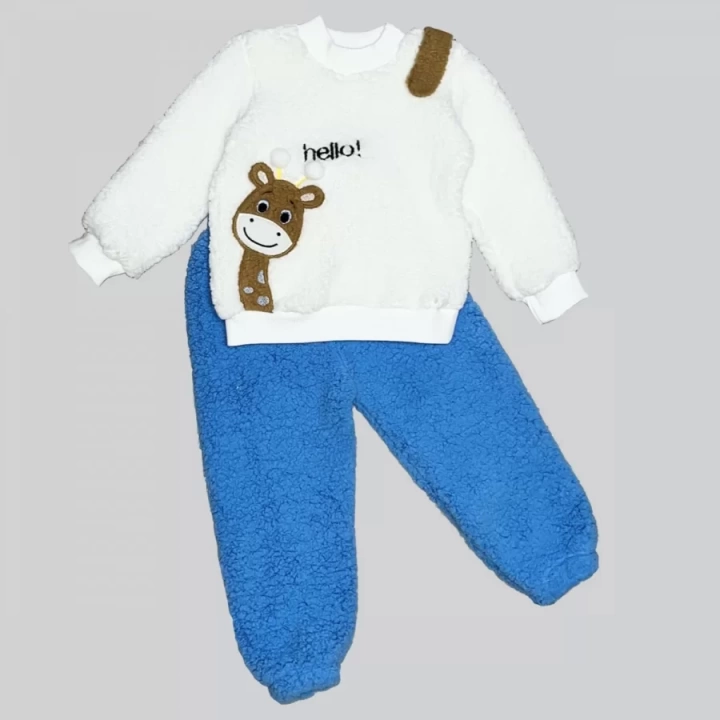 1-2-3 Yaş Hello Zürafa Nakışlı Kuzu Kumaş Sweat Pantolon Uzun Kollu Kız Erkek 2 Li Takımı Saks Mavisi
