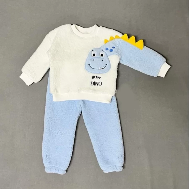 1-2-3 Yaş Minik Dino Kollu Kuzu Kumaş Sweat Pantolon Uzun Kollu Kız Erkek 2 Li Takımı Mavi