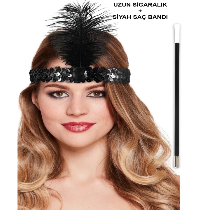 192039ler Gatsby Aksesuar Seti – Siyah Charleston Saç Bandı  Lık