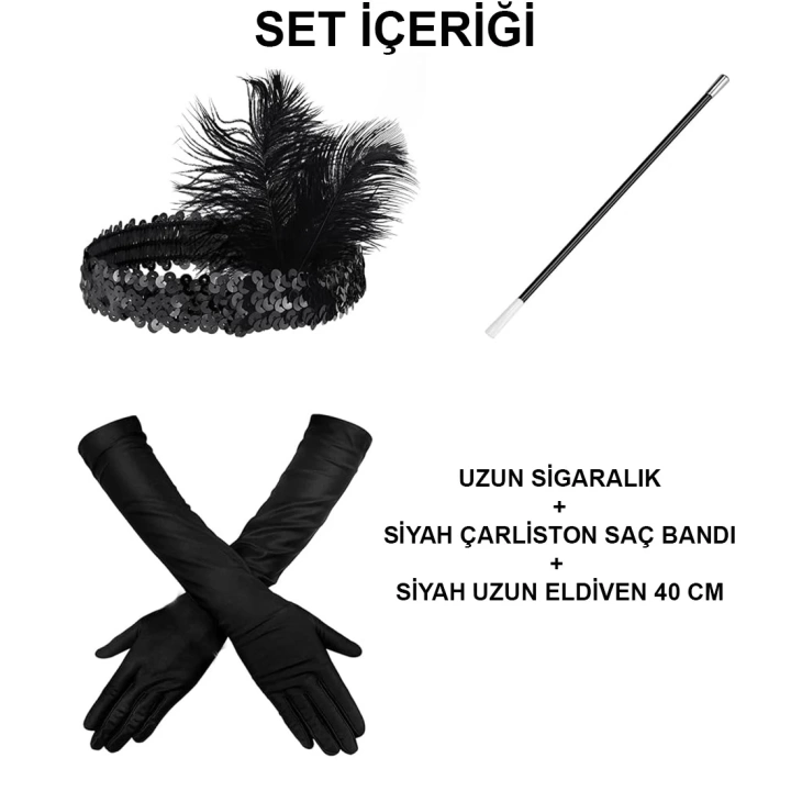 192039ler Gatsby Aksesuar Seti – Siyah Charleston Saç Bandı, Uzun Eldiven  Lık