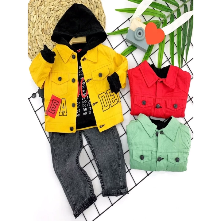 2-3-4-5 Yaş Pantolonlu Sweat Gabardin Ceket Cepli Kot Pantolon 3lü Erkek Bebek Takımı Kırmızı