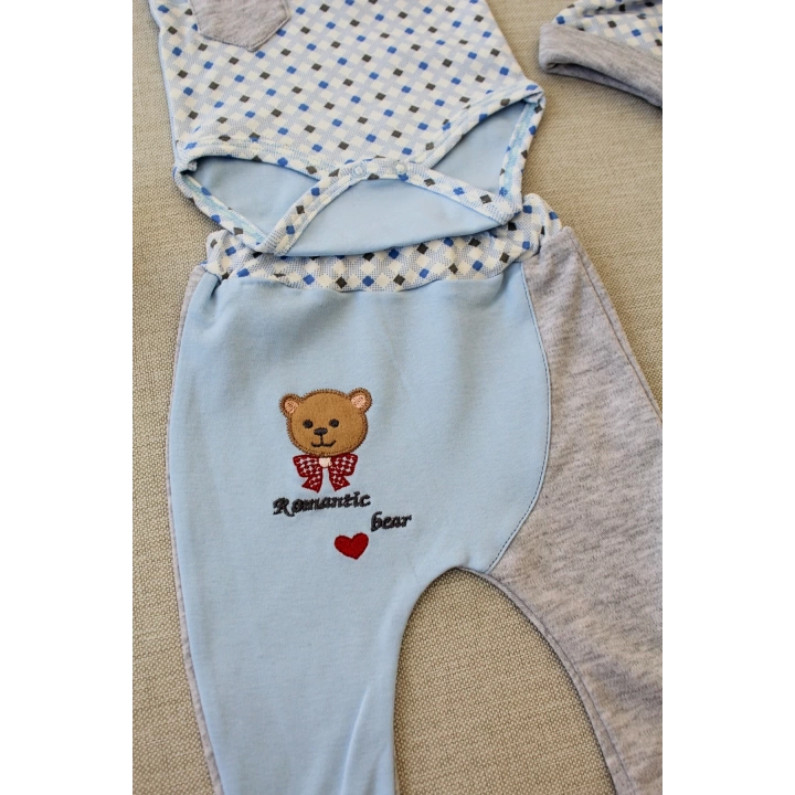 3-6 9-12 12-18 Ay Romantik Ayıcık Nakışlı Şapkalı Uzun Kollu Zıbınlı 3lü Kız-erkek Bebek Takımı