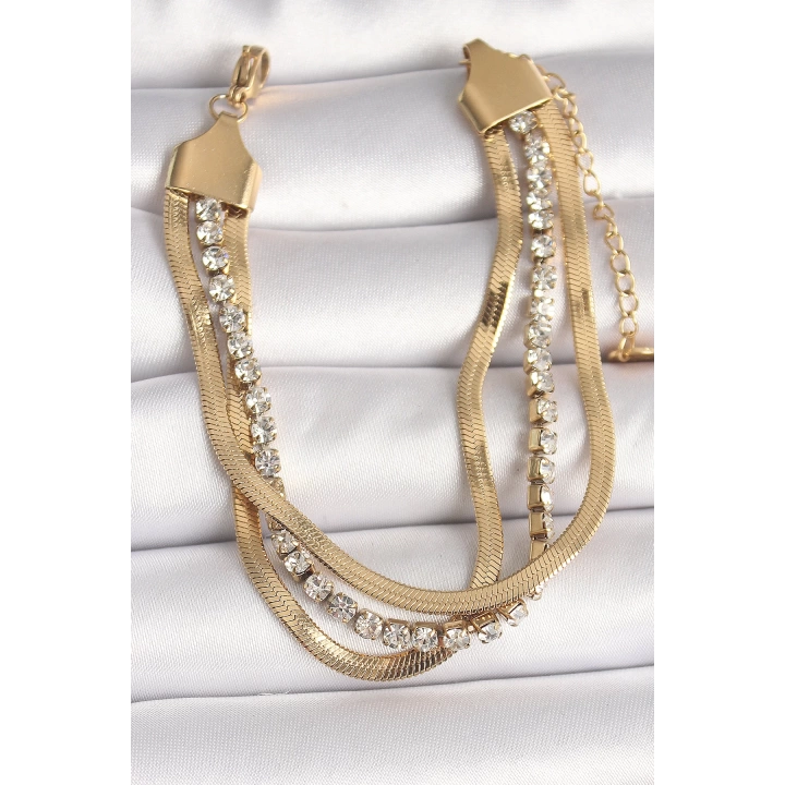 316L Çelik Gold Renk 2Li İtalyan Zincir Model Zirkon Taşlı Kadın Bileklik - TJ-BB6772