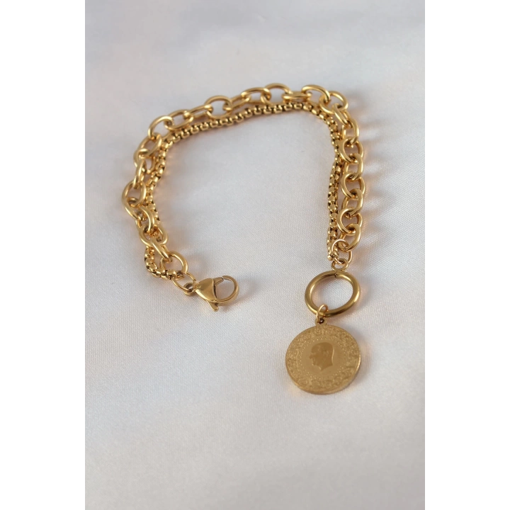 316L Çelik Gold Renk 2li Zincir Model Çeyrek Altınlı Kadın Bileklik - TJ-BB5452