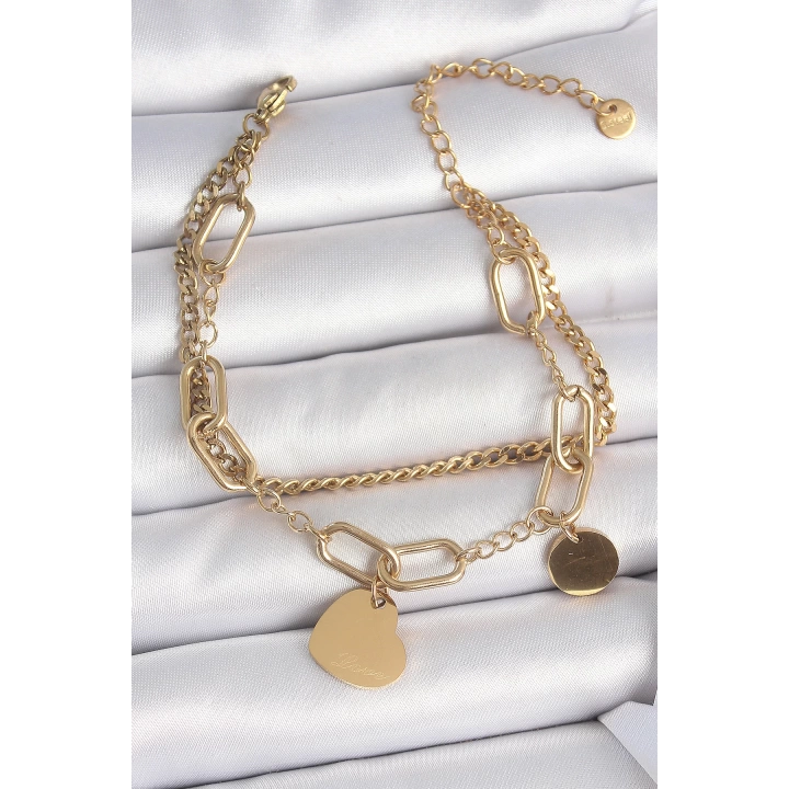 316L Çelik Gold Renk 2Li Zincir Model Sallantı Kalp Figür Kadın Bileklik - TJ-BB6953