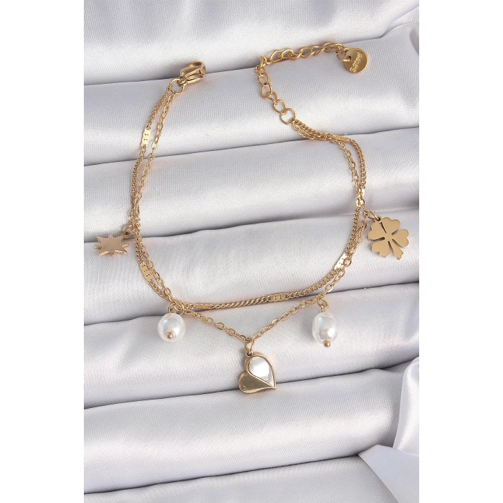 316L Çelik Gold Renk 2li Zincir Model Sallantı Kalp Figür Yonca Detay Kadın Bileklik - TJ-BB6945
