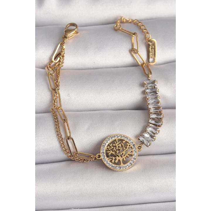 316L Çelik Gold Renk 2Li Zincir Su Yolu Zirkon Taşlı Yaşam Ağacı Figür Kadın Bileklik - TJ-BB6730