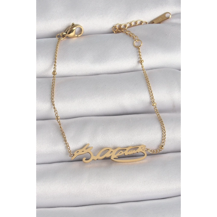 316L Çelik Gold Renk Atatürk İmza Model Kadın Bileklik - TJ-BB6659
