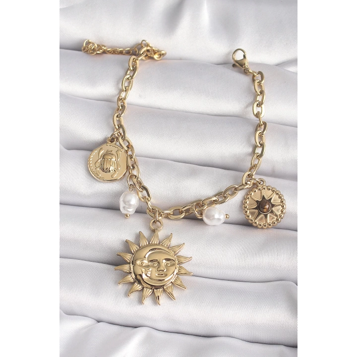 316L Çelik Gold Renk Ay Güneş Model İnci Detay Kadın Bileklik - TJ-BB6610