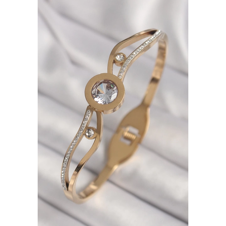 316L Çelik Gold Renk Dalgalı Zirkon Taşlı Kadın Kelepçe - TJ-BB6780