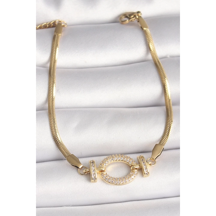 316L Çelik Gold Renk italyan Zincir Model Zirkon Taşlı Halka Figür Kadın Bileklik - TJ-BB6764