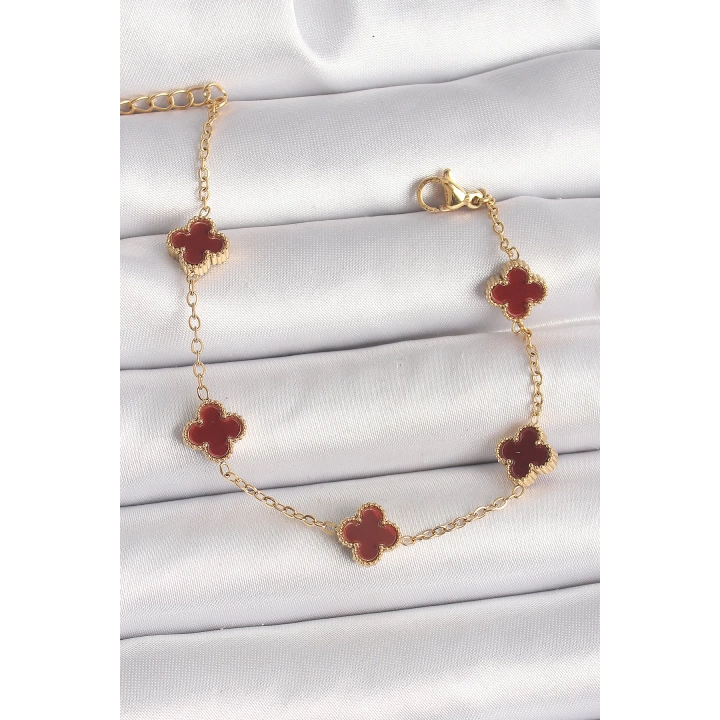 316L Çelik Gold Renk Kahverengi Yonca Model Kadın Bileklik - TJ-BB6865