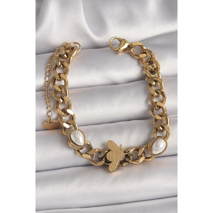 316L Çelik Gold Renk Kalın Zincir Model Arı Figür Damla İnci Detay Kadın Bileklik - TJ-BB6782