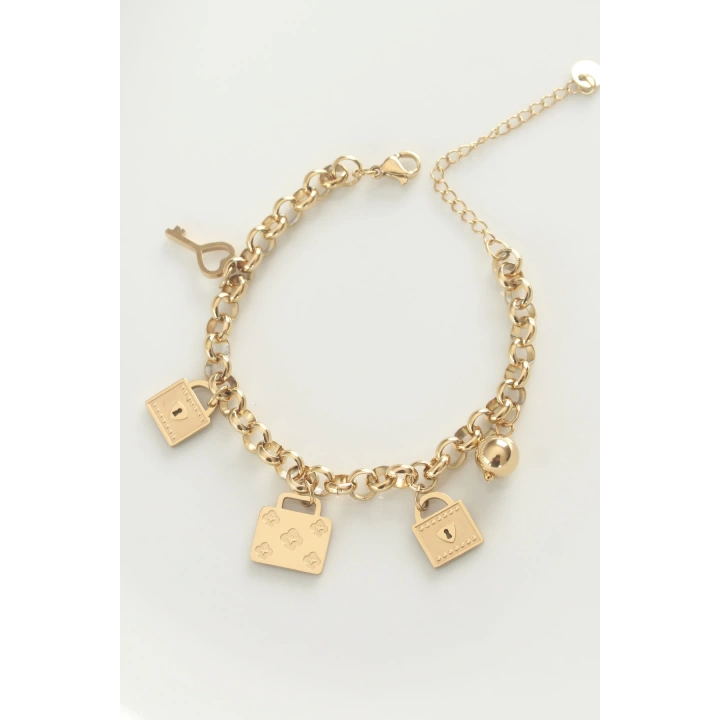 316L Çelik Gold Renk Karışık Aksesuarlı Oval Zincir Bileklik - TJ-BB6038