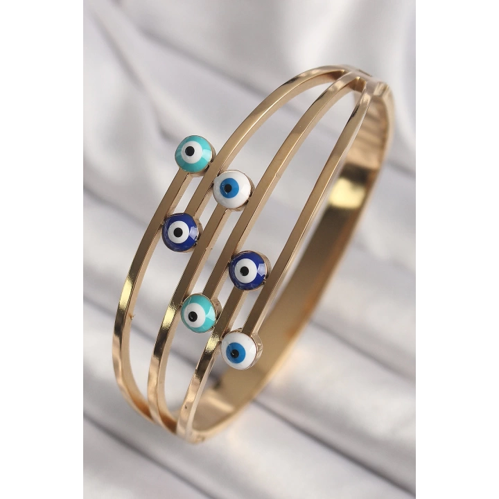 316L Çelik Gold Renk Nazar Boncuklu Kaburga Model Kadın Kelepçe - TJ-BB6778